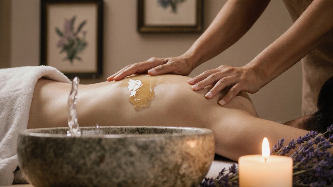 Plan rapproché des mains d&#039;un masseur appliquant une huile chaude sur le dos d&#039;une personne, dans une ambiance calme et chaleureuse.