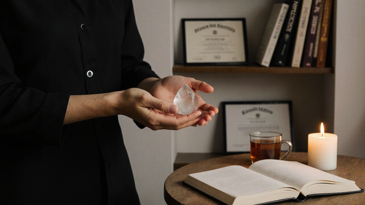 Praticien certifié en Reiki tenant un cristal dans un studio calme, avec des certifications et des objets holistiques en arrière-plan.