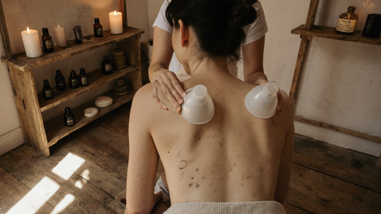 Praticien utilisant des ventouses en silicone sur le dos d&#039;un client dans un atelier chaleureux du 11e arrondissement.