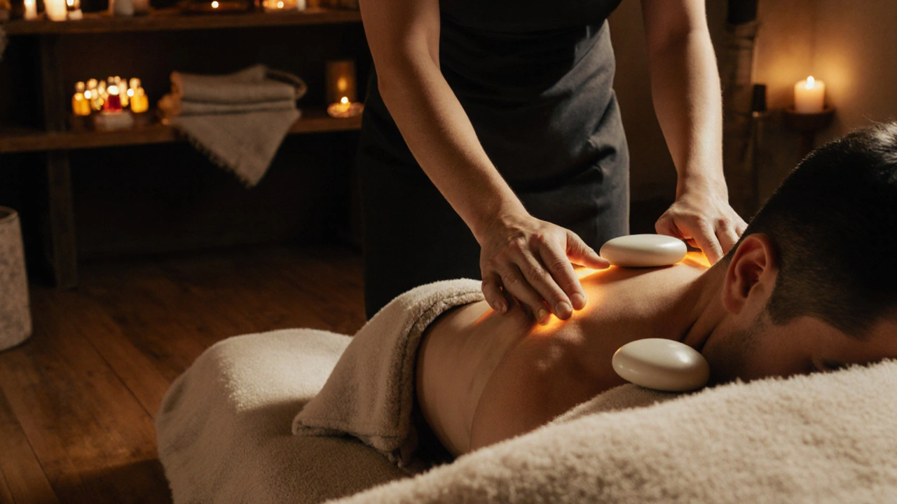 Praticienne utilisant des pierres de porcelaine chauffées pour un massage profond à Ménilmontant.