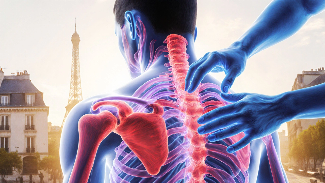 Représentation artistique des tensions myofasciales dénouées par des mains apaisantes sur un torse humain.