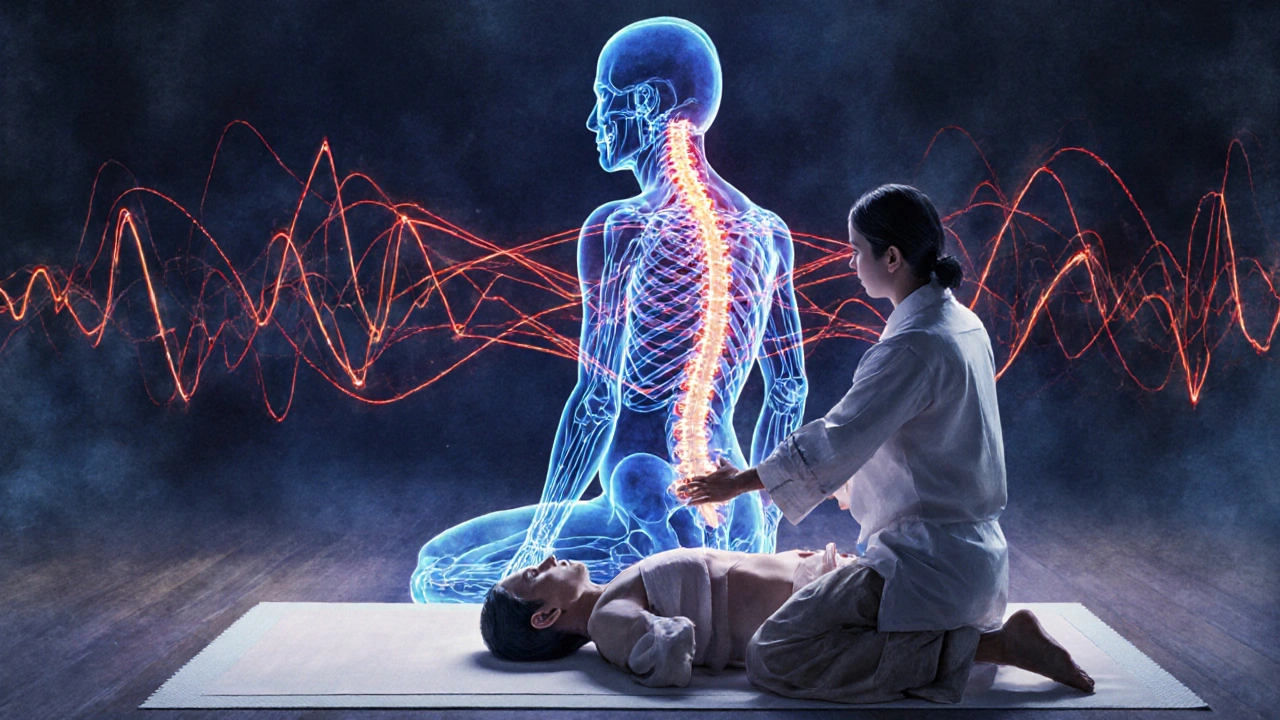 Représentation artistique du système nerveux en pleine détente, avec des ondes énergétiques calmes après un massage thaïlandais.