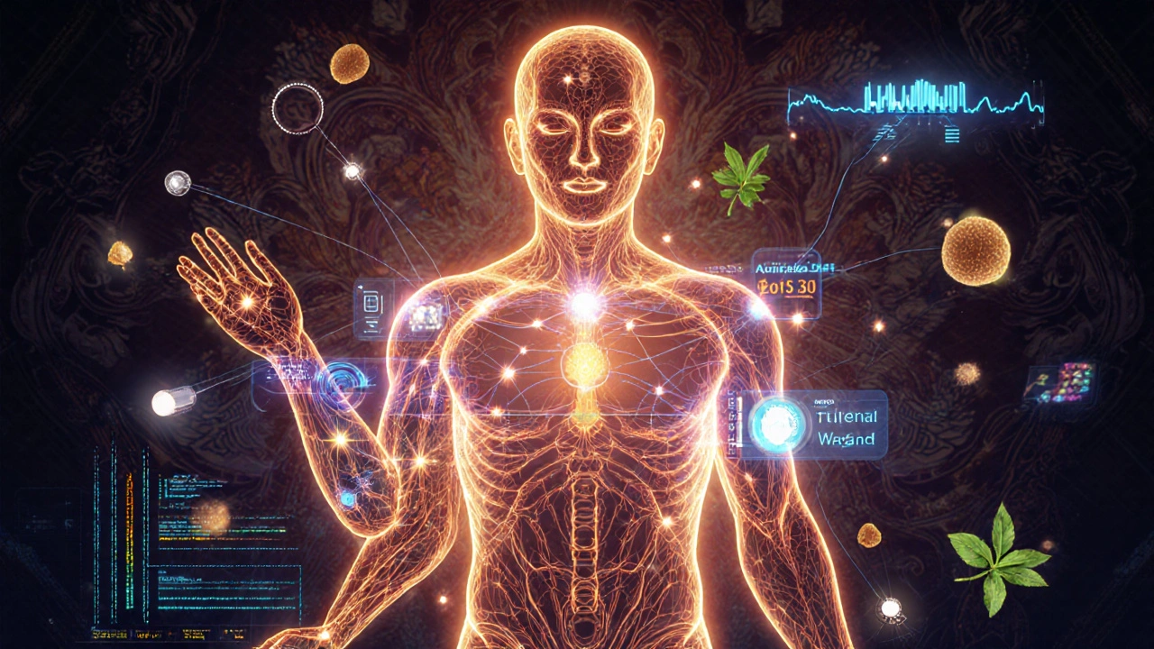 Représentation artistique fusionnant techniques traditionnelles thaïlandaises et technologies biométriques modernes.