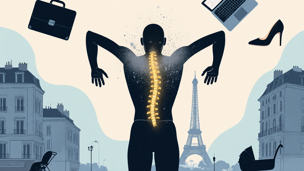 Représentation symbolique d&#039;un corps libéré de ses tensions, avec des éléments de la vie parisienne en arrière-plan.