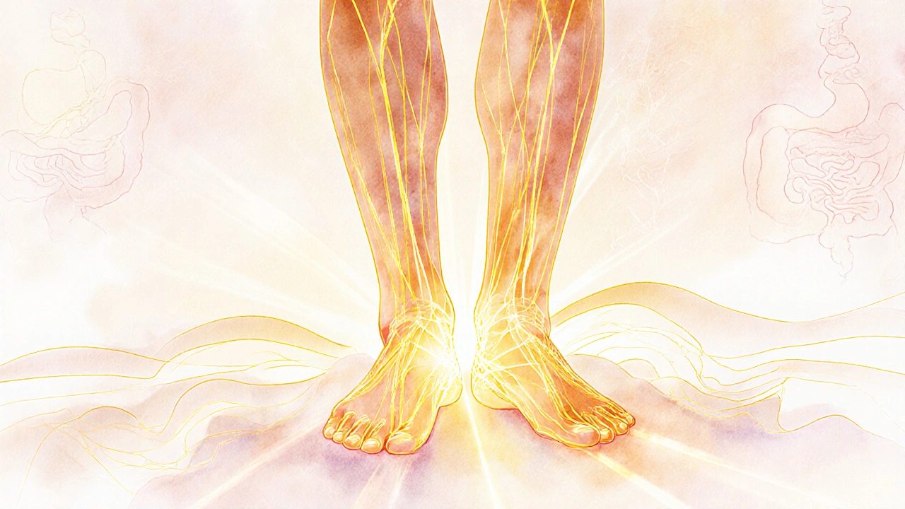 Schéma artistique des lignes énergétiques reliant les pieds, le dos et le ventre pour stimuler la digestion.