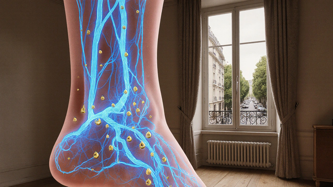 Schéma artistique des voies lymphatiques lumineuses sous la peau, flottant au-dessus d&#039;un intérieur parisien apaisant.