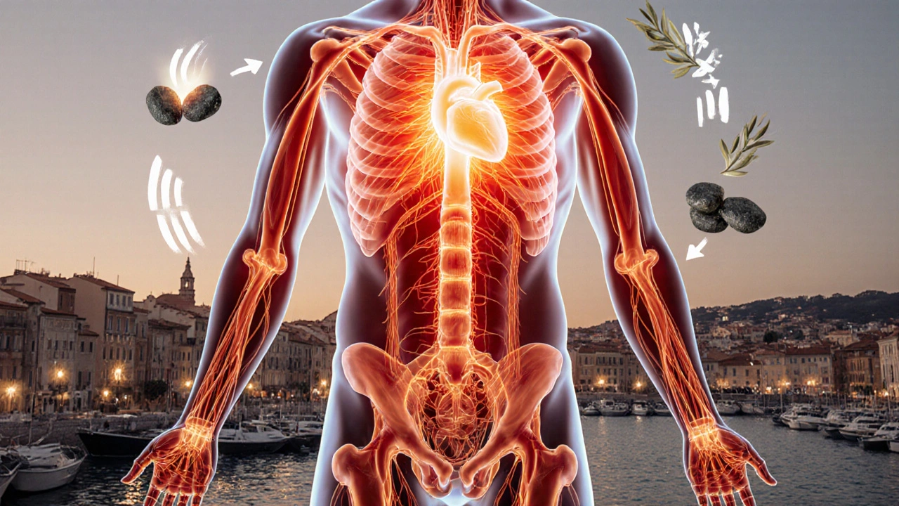 Schéma artistique du corps avec circulation sanguine visible, stimulée par des mouvements de massage fluides.