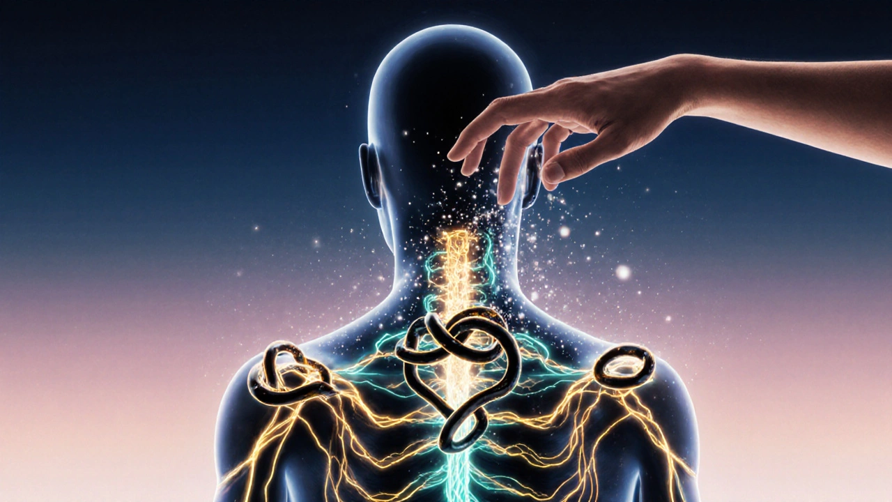 Schéma énergétique du corps avec des flux lumineux et des blocages dissous en particules de lumière.