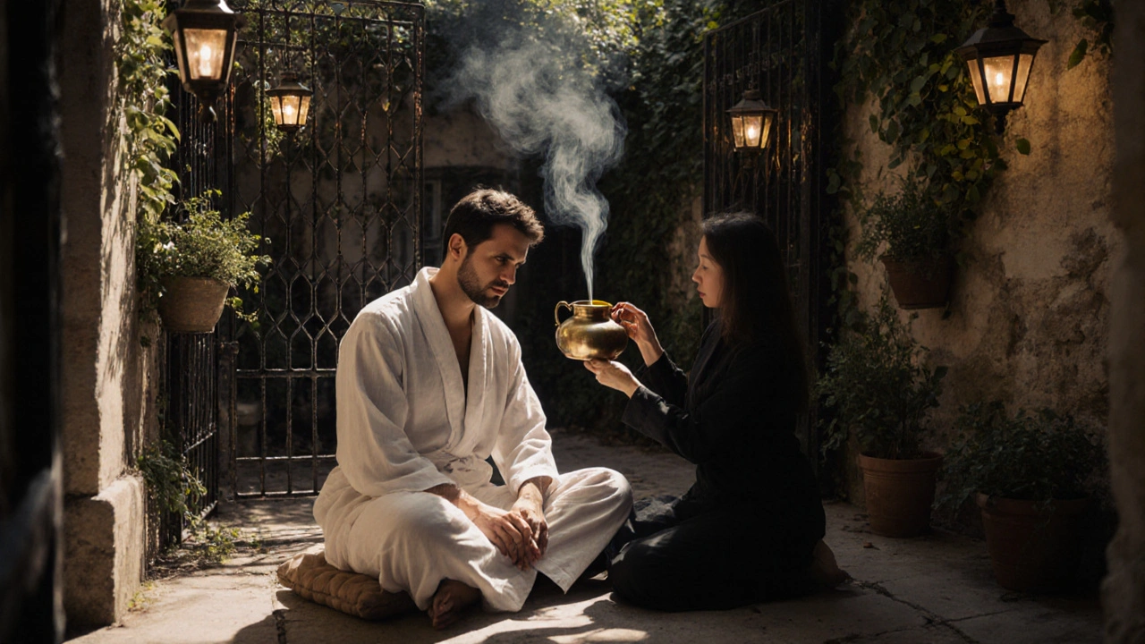 Séance de massage ayurvédique dans une cour cachée, avec huiles chaudes et fumée d&#039;encens.