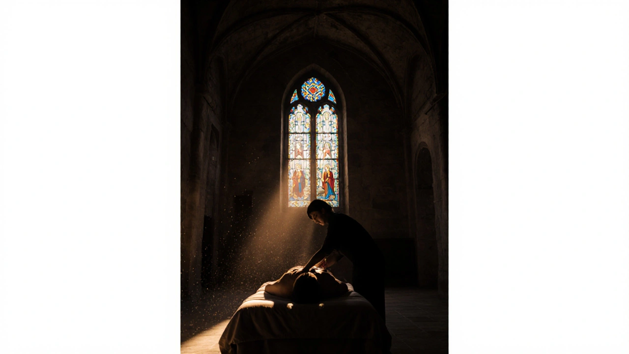Séance de massage en silence dans une ancienne chapelle de Montmartre, sans musique ni parole.