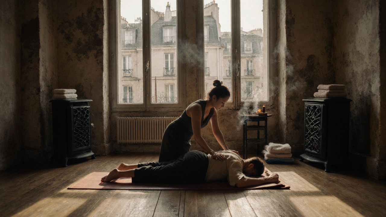 Séance de massage thaï traditionnel dans un atelier de Montmartre, praticien étire doucement le client.