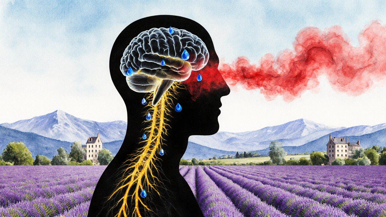 Silhouette humaine avec des voies lumineuses reliant la peau au cerveau, symbolisant la libération de sérotonine et la réduction du stress.