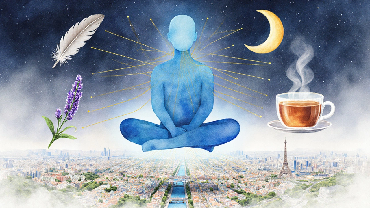 Silhouette humaine flottant au-dessus de Paris, entourée de symboles de détente : lavande, lune, thé et plume, dans un style aquarelle doux.