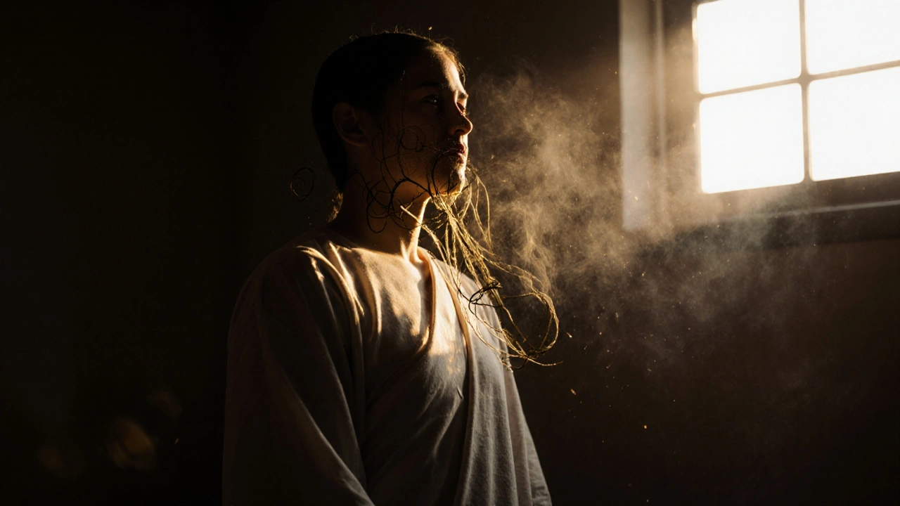 Silhouette humaine libérée de fils sombres d&#039;anxiété, baignée dans une lumière dorée apaisante.