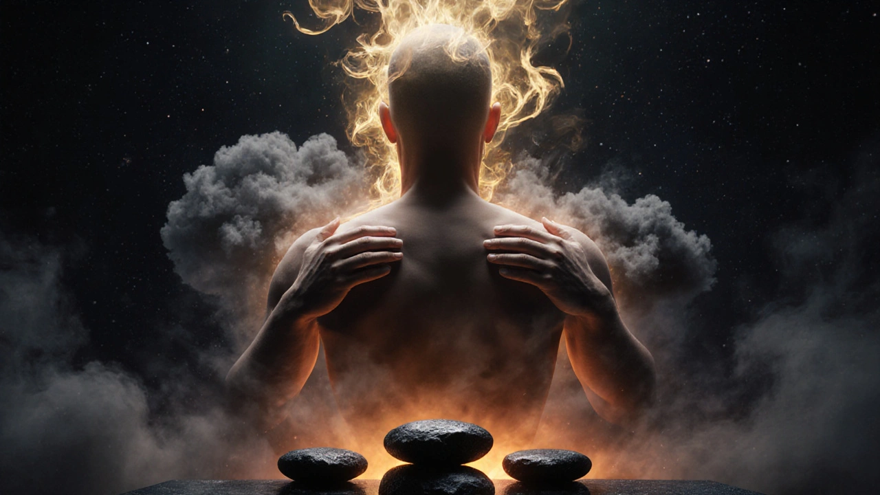 Silhouette humaine libérée du stress, avec des ondes de bien-être dorées et des pierres chaudes, symbolisant la détente profonde.