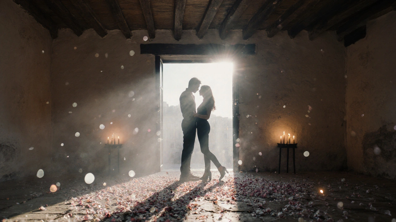 Silhouettes fusionnées d&#039;un couple émergeant de la brume, symbole de connexion retrouvée après un moment de bien-être partagé.