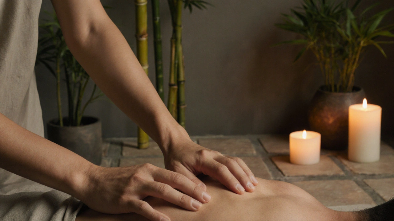 Thérapeute pratiquant un massage thaï sur l&#039;épaule d&#039;un client en vêtements légers.