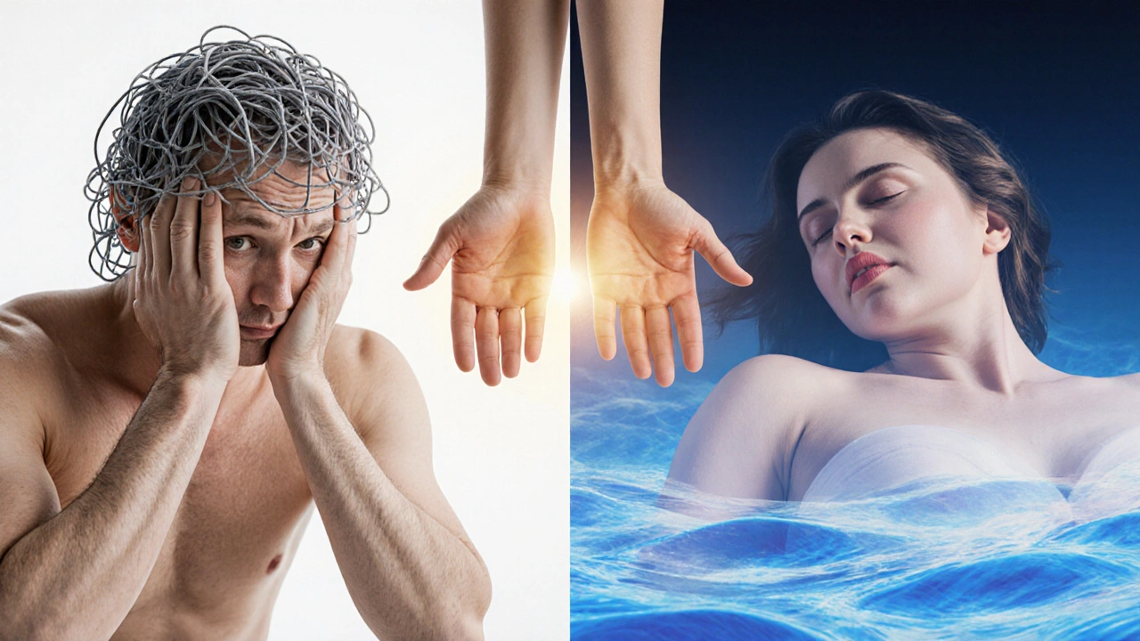 Transformation visuelle du stress en relaxation : tensions qui se dissolvent sous les mains d&#039;une masseuse.