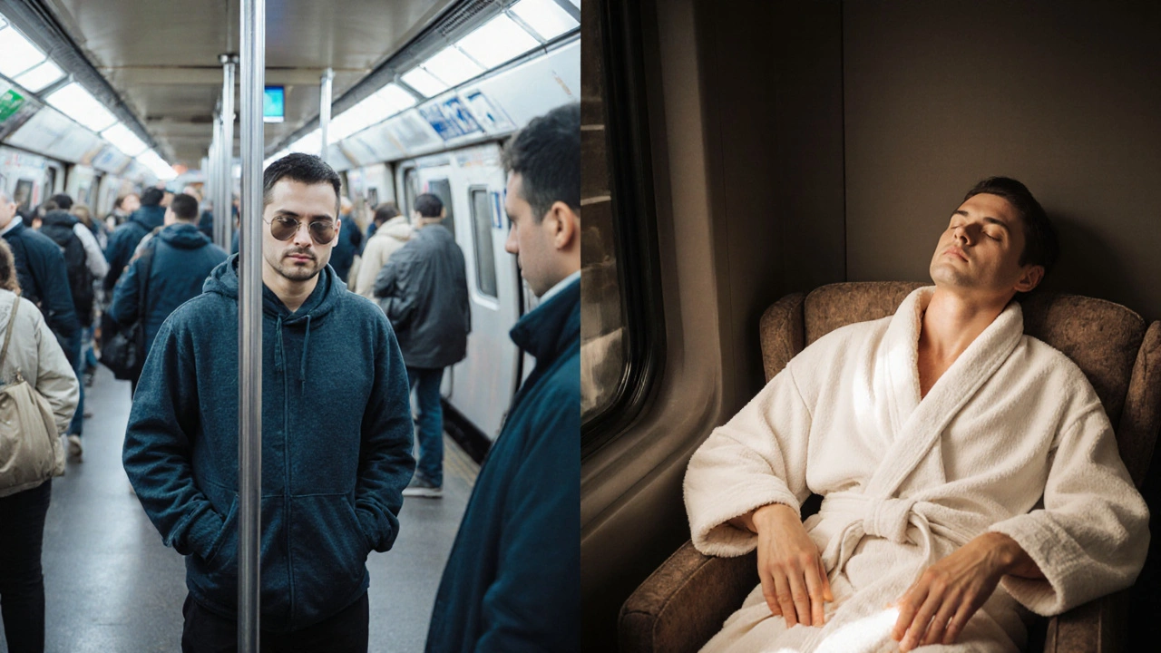 Transition d&#039;une personne stressée en métro à une personne détendue après un massage.