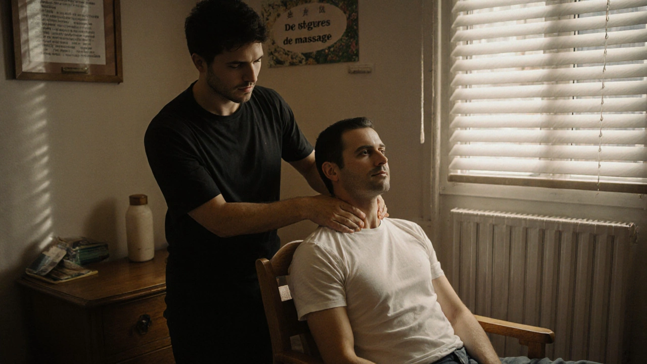 Un client reçoit un massage shiatsu assis dans un salon calme de Belleville, entièrement habillé, pendant la pause déjeuner.