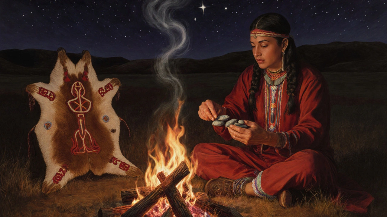 Un guérisseur amérindien place des pierres sacrées sur un corps pendant un rituel avec de l&#039;encens de cèdre.