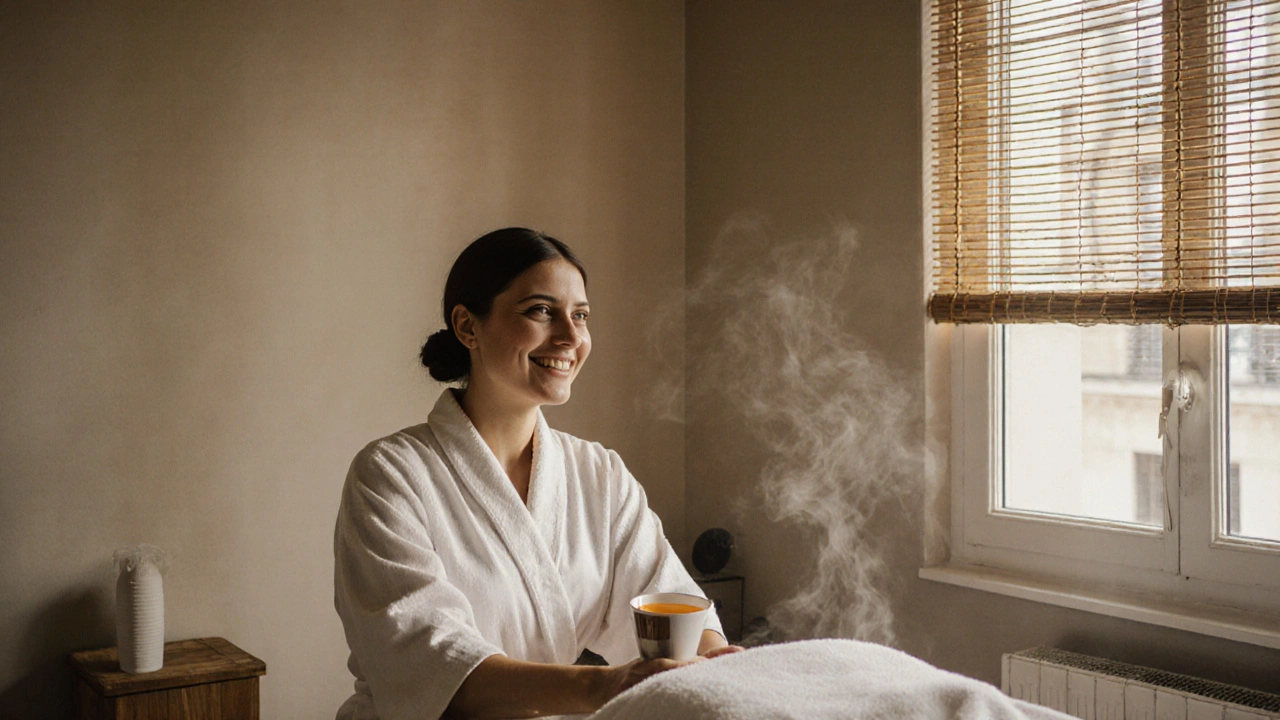 Un salon de massage chaleureux et simple dans le 11e arrondissement, avec thé et lumière naturelle.