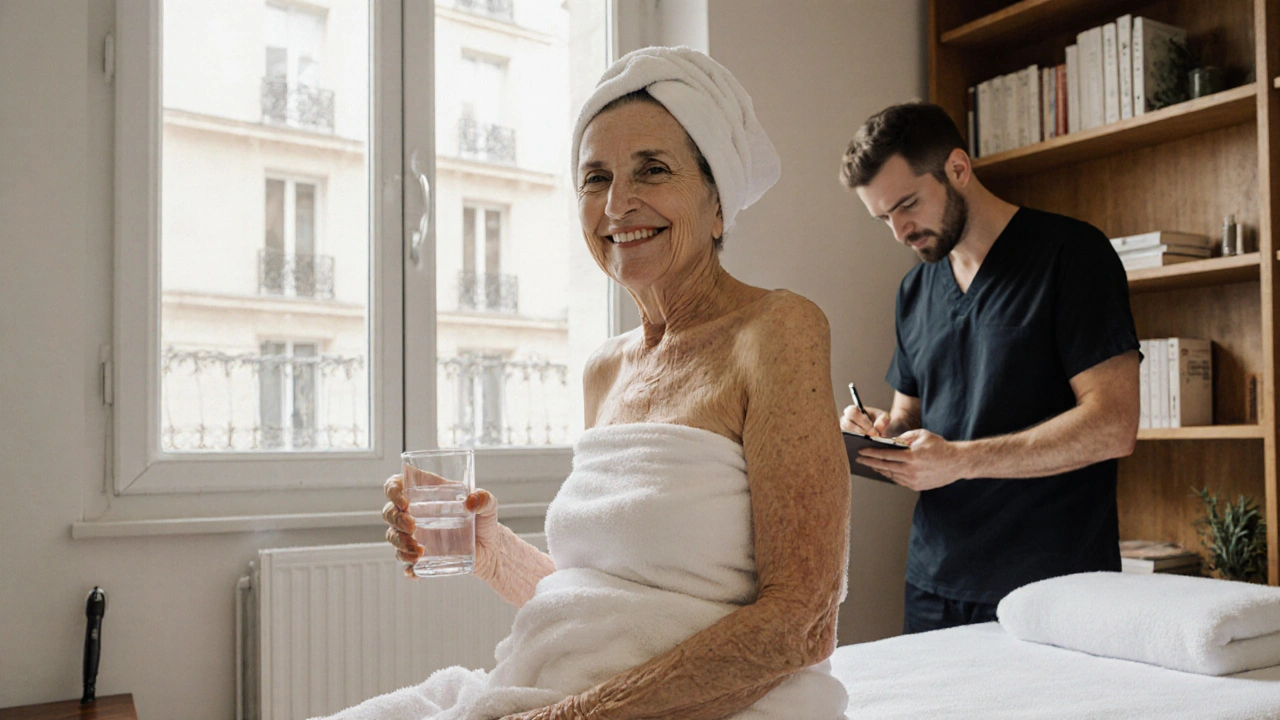 Une femme âgée souriante après une séance de massage thérapeutique, tenant un verre d&#039;eau dans une lumière douce.