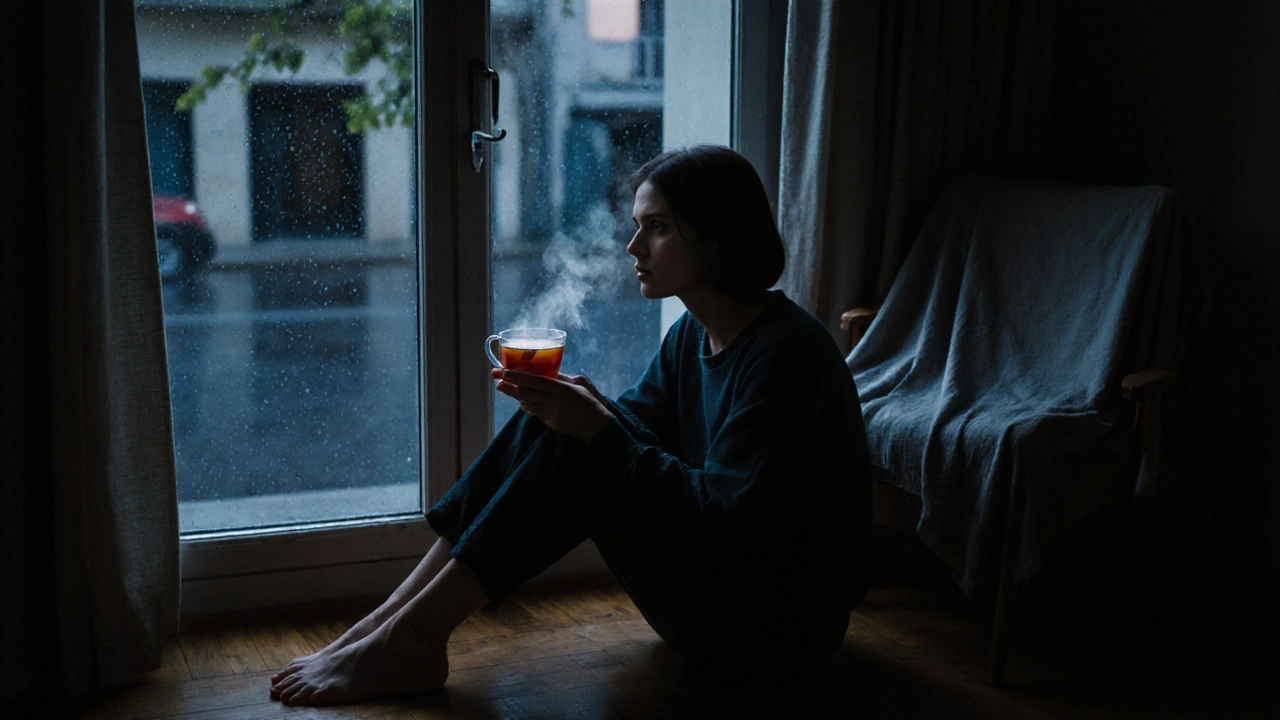 Une personne assise près d&#039;une fenêtre à la tombée de la nuit, pieds nus, tenant une tasse de thé, en pleine libération émotionnelle.