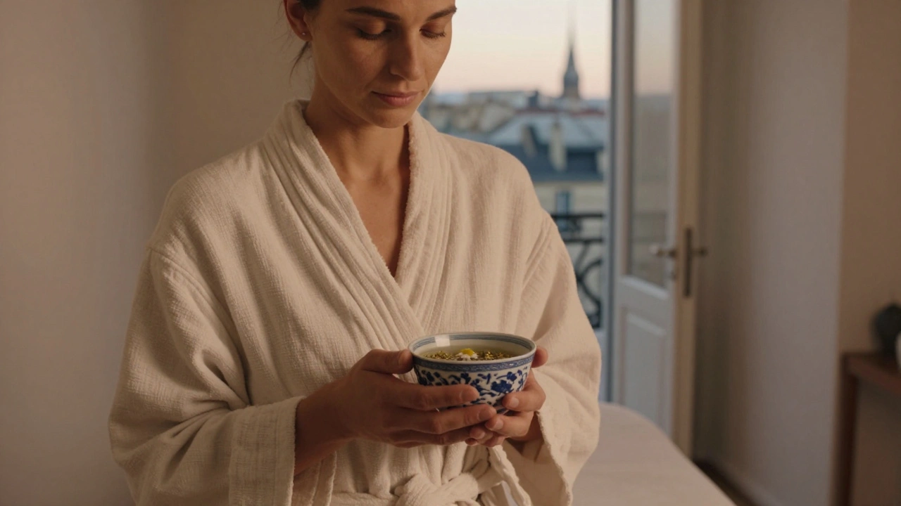Client reposant après un massage, tenant une tisane chaude, regardant les toits de Paris au coucher du soleil.