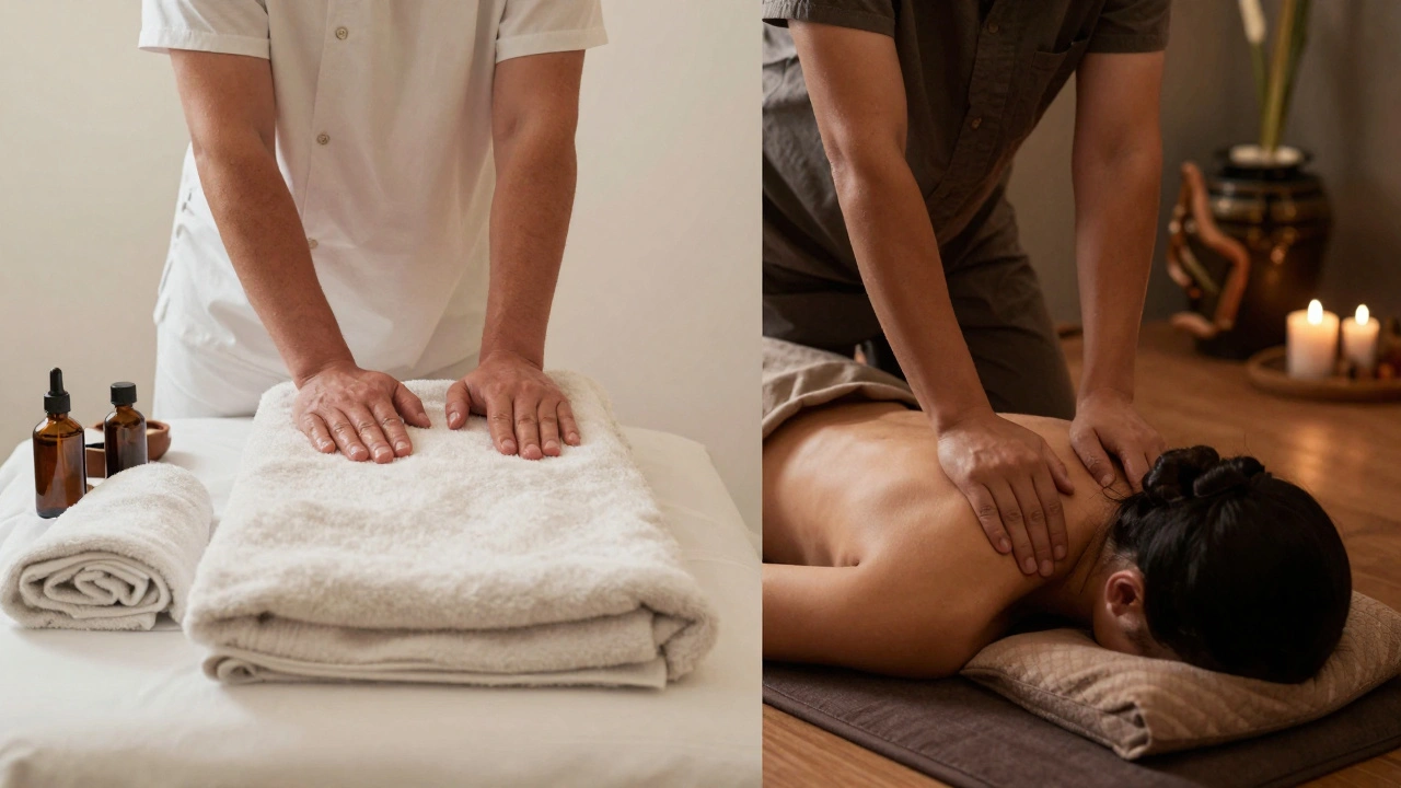 Comparaison visuelle entre massage suédois et massage asiatique : deux techniques de bien-être côte à côte.