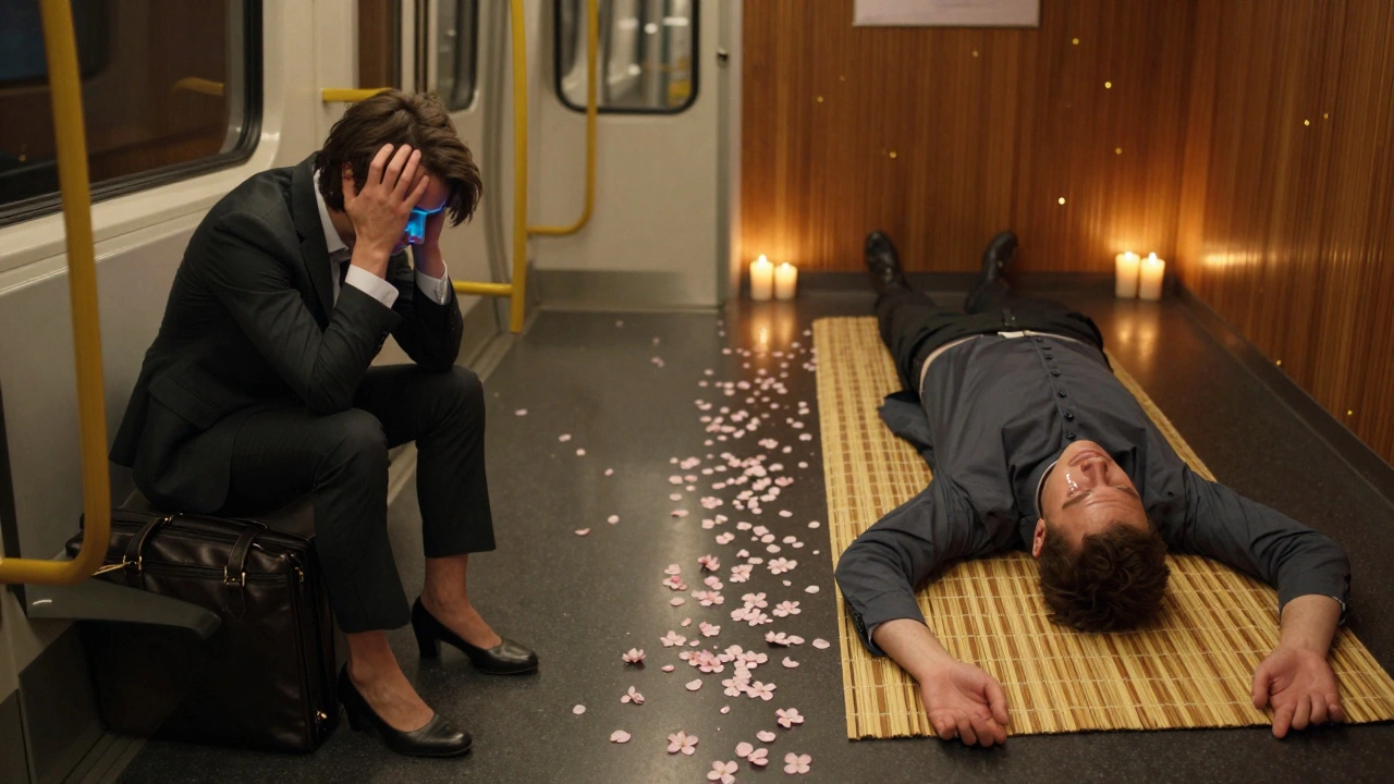 Contraste entre le stress du métro parisien et la paix retrouvée lors d&#039;un massage asiatique.