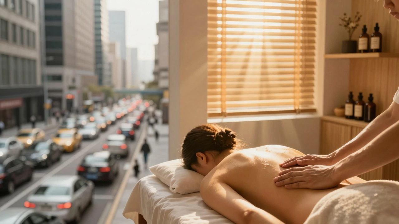 Contraste visuel entre la foule urbaine grise et un espace de massage chaleureux, symbole de paix retrouvée.