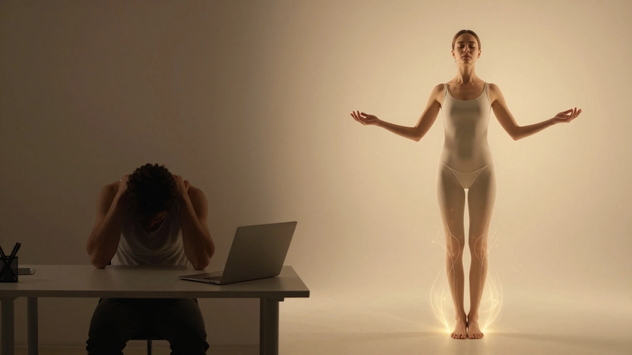 Contraste visuel entre une personne tendue au bureau et la même personne apaisée après un massage thaïlandais, lumière dorée.