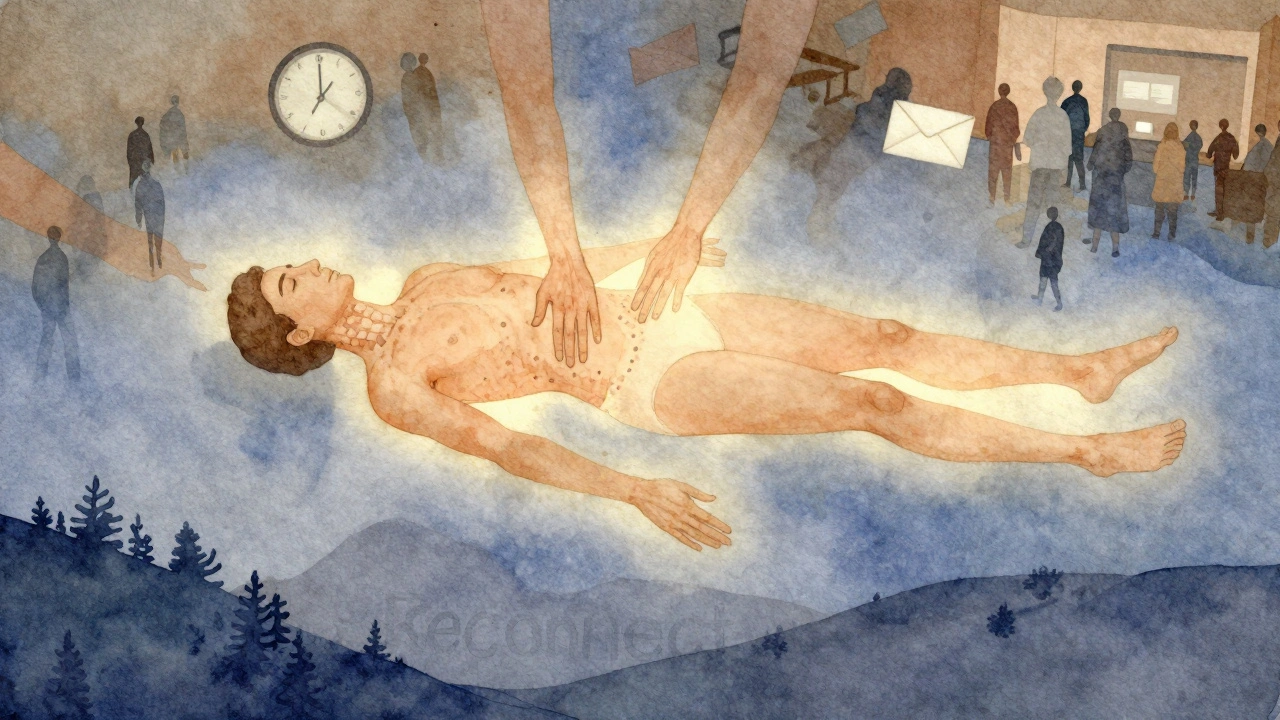 Corps humain flottant dans une atmosphère abstraite de bien-être, avec des mains de lumière apaisant les tensions.