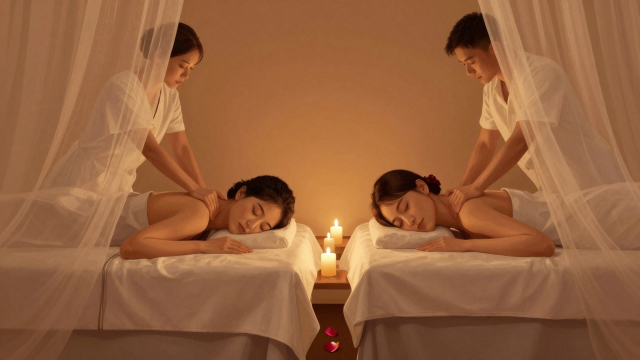 Couple allongé côte à côte sous des draps de lin, dans une chambre calme éclairée par des bougies, partageant un moment de silence.