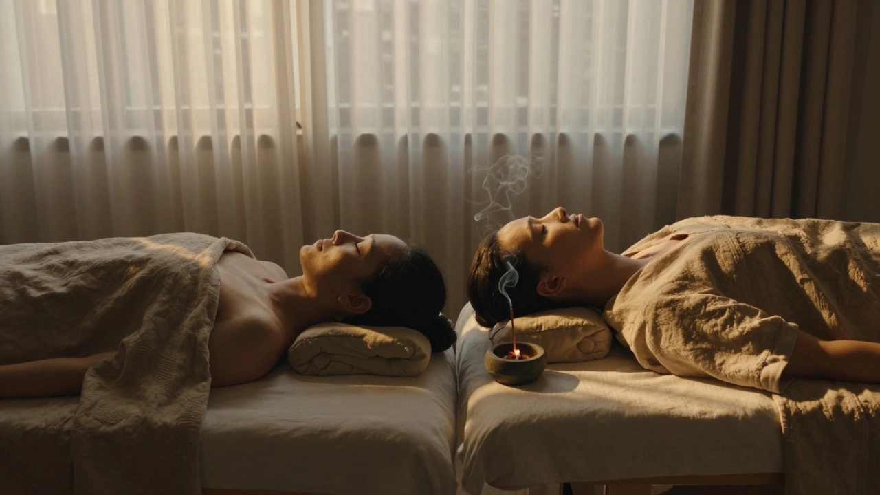 Couple allongé côte à côte sur des tables de massage, dans une ambiance calme et lumineuse.