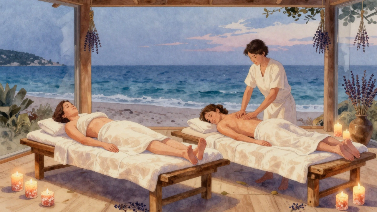 Couple massé côte à côte près de la mer, lumière du crépuscule, draps blancs et lavande séchée.