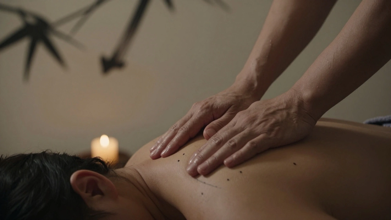 Des mains de thérapeute exerçant une pression précise sur l'épaule lors d'une séance de Shiatsu, dans une lumière tamisée.