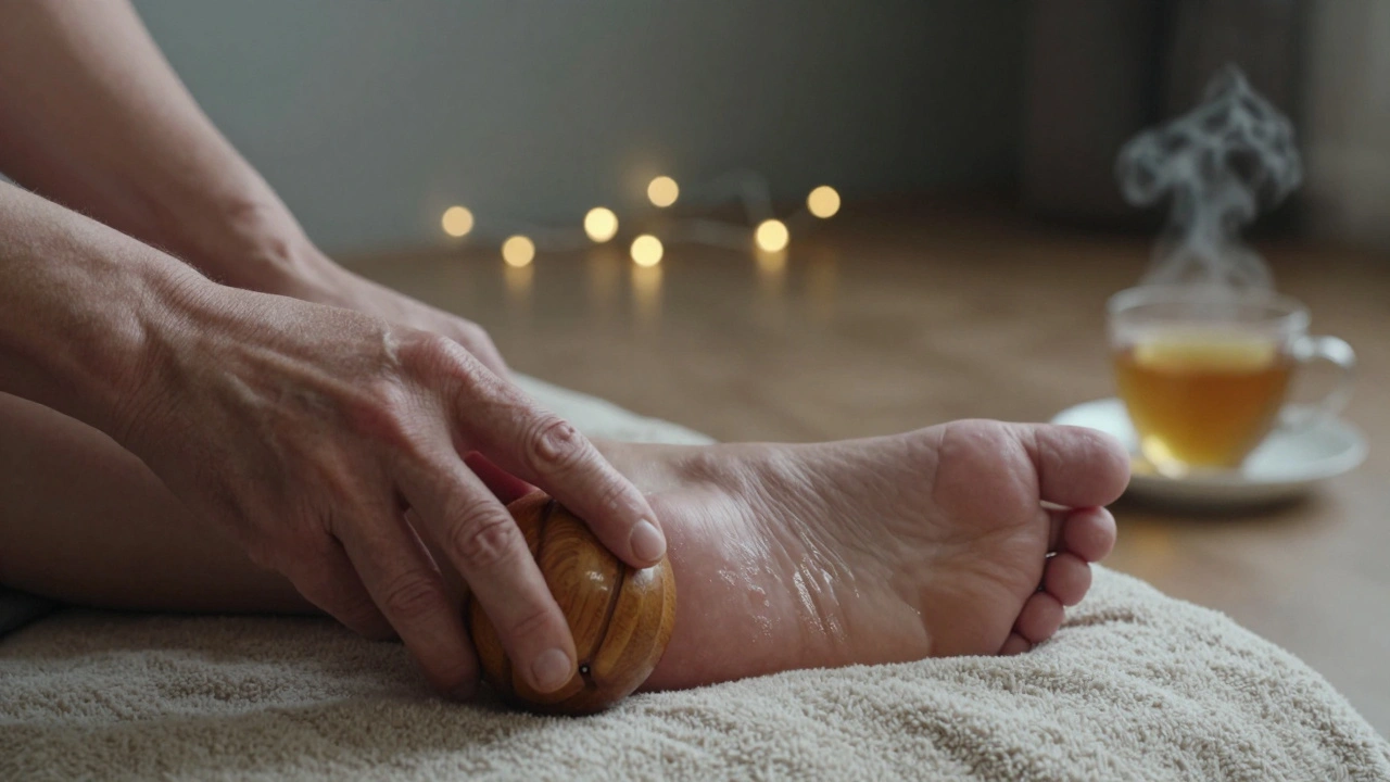 Des mains utilisant une balle en bois pour masser la plante d&#039;un pied sur une couverture en laine.