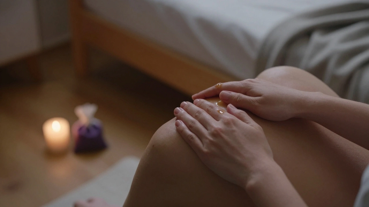 Deux mains massant doucement les épaules l'une de l'autre, dans une ambiance chaleureuse et intime.