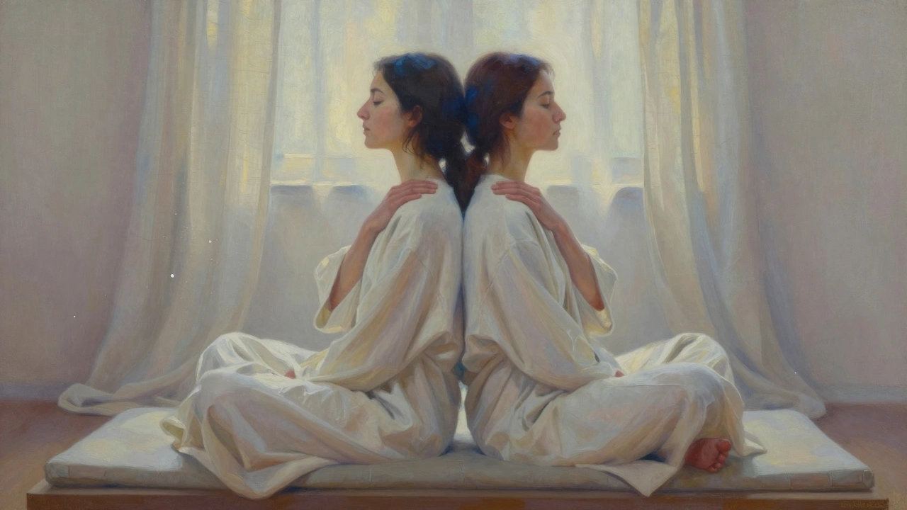 Deux partenaires assis dos à dos, mains sur les épaules, respirant ensemble en paix, robes légères.