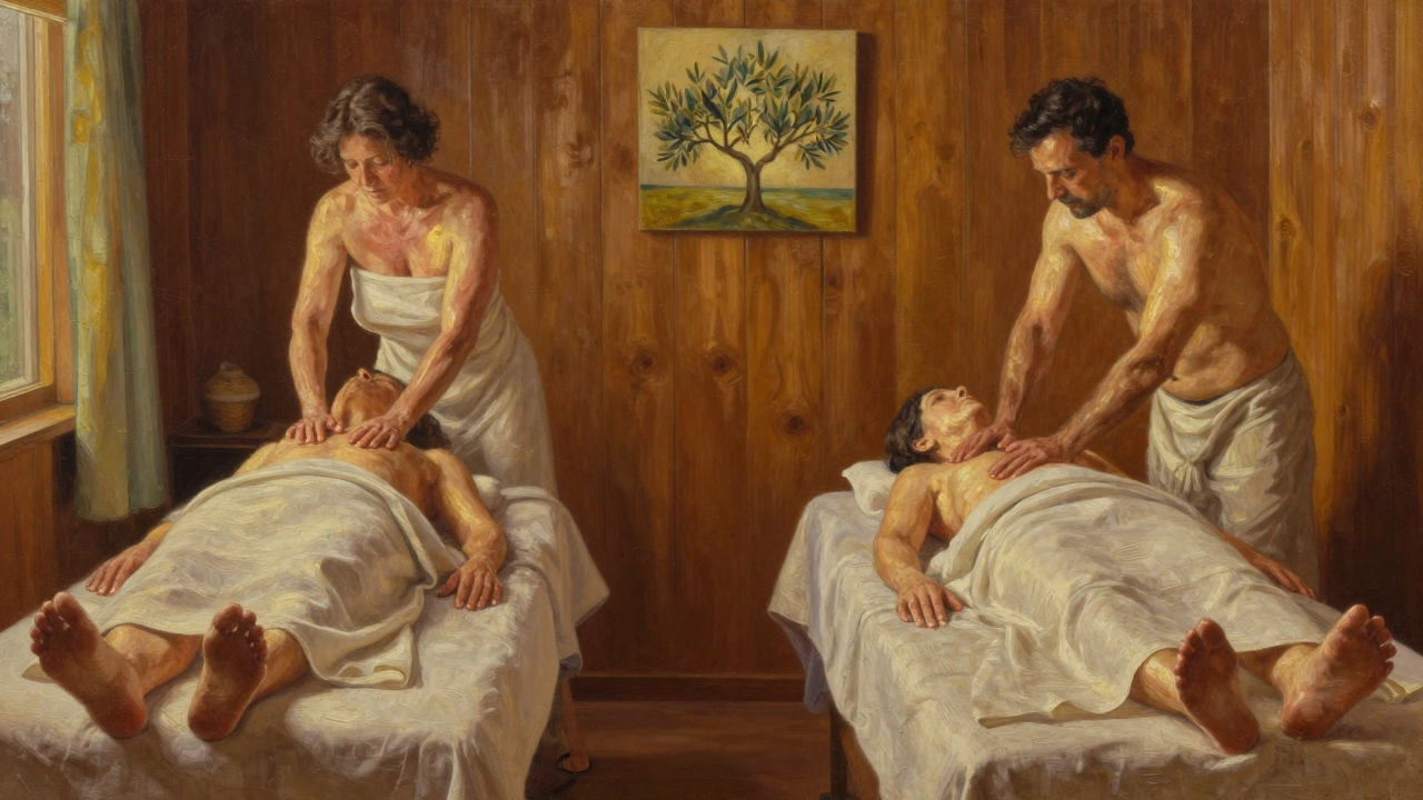 Deux personnes en massage privé dans une salle de bien-être, lumière dorée et ambiance apaisante.