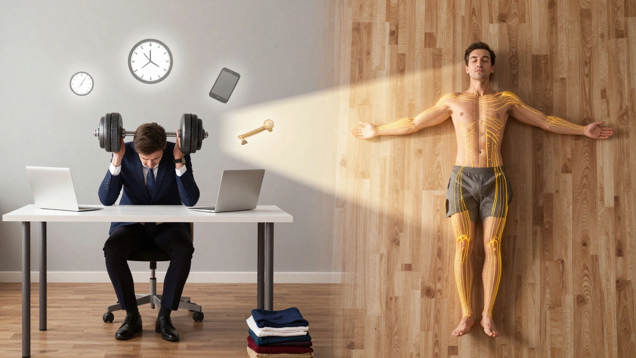 Dichotomie photographique : à gauche, un homme stressé au bureau ; à droite, le même homme apaisé après un massage thaïlandais, avec des lignes d'énergie dorées sur son corps.