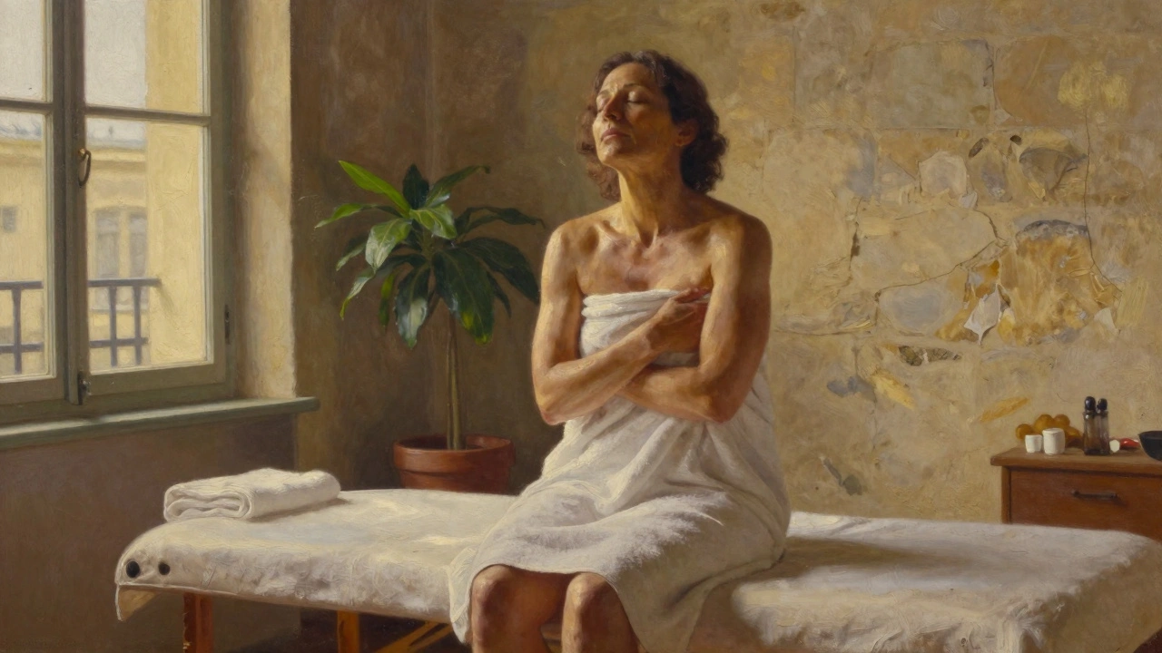 Femme assise sur le bord d&#039;une table de massage, enveloppée dans une serviette, lumière dorée sur son visage apaisé.