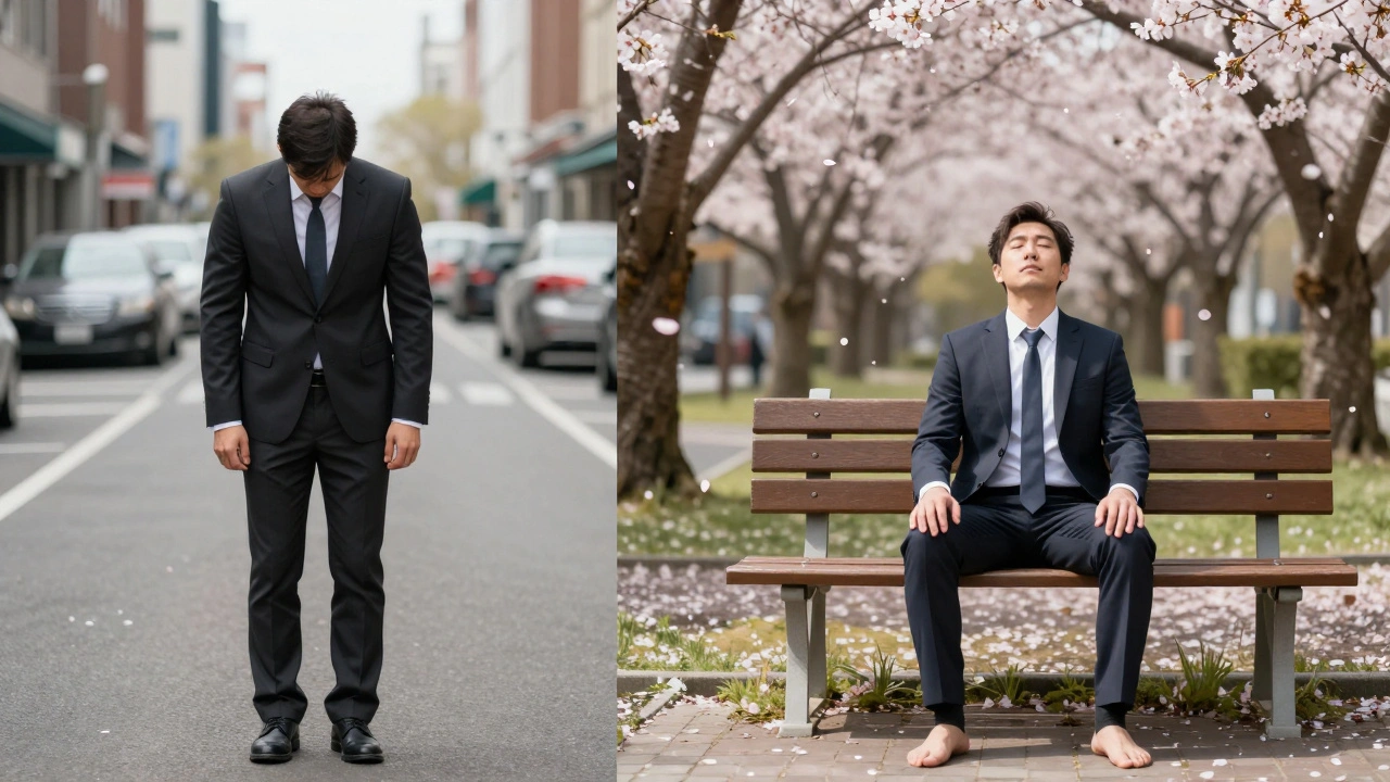 Homme passant de la tension urbaine à la paix intérieure, illustré en deux moments contrastés dans un même cadre.