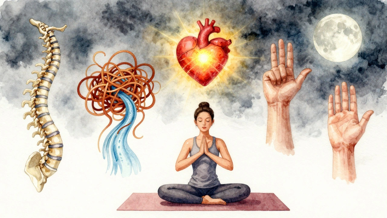 Illustration abstraite en aquarelle représentant cinq bienfaits du massage thaïlandais : souplesse, circulation, sommeil, soulagement du stress et équilibre mental.