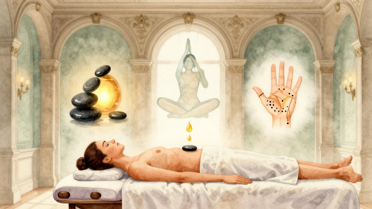 Illustration aquatique d'un massage thérapeutique avec éléments des traditions asiatiques flottant autour d'une personne relaxée.