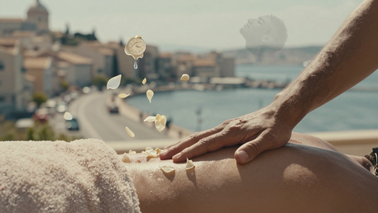 Main posée sur un dos recouvert d'une serviette, pétales de jasmin flottants, ville de Marseille en arrière-plan flou.