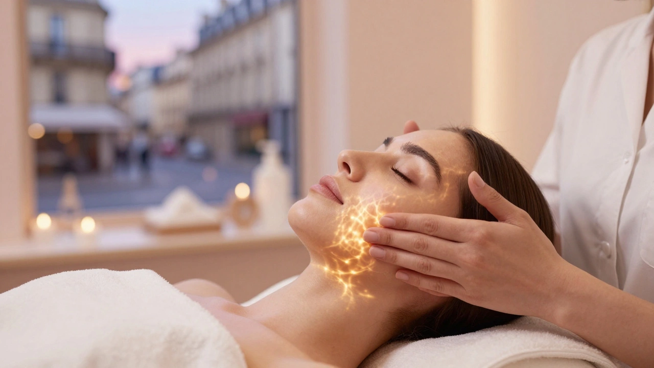 Main qui effectue un massage du visage avec une lumière douce, évoquant la détente et la sérénité.