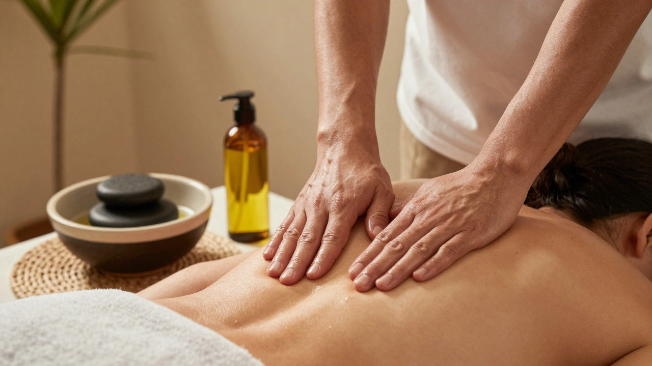 Mains de masseur appliquant des huiles chaudes sur le dos, pierres et bouteille d'huile bio.